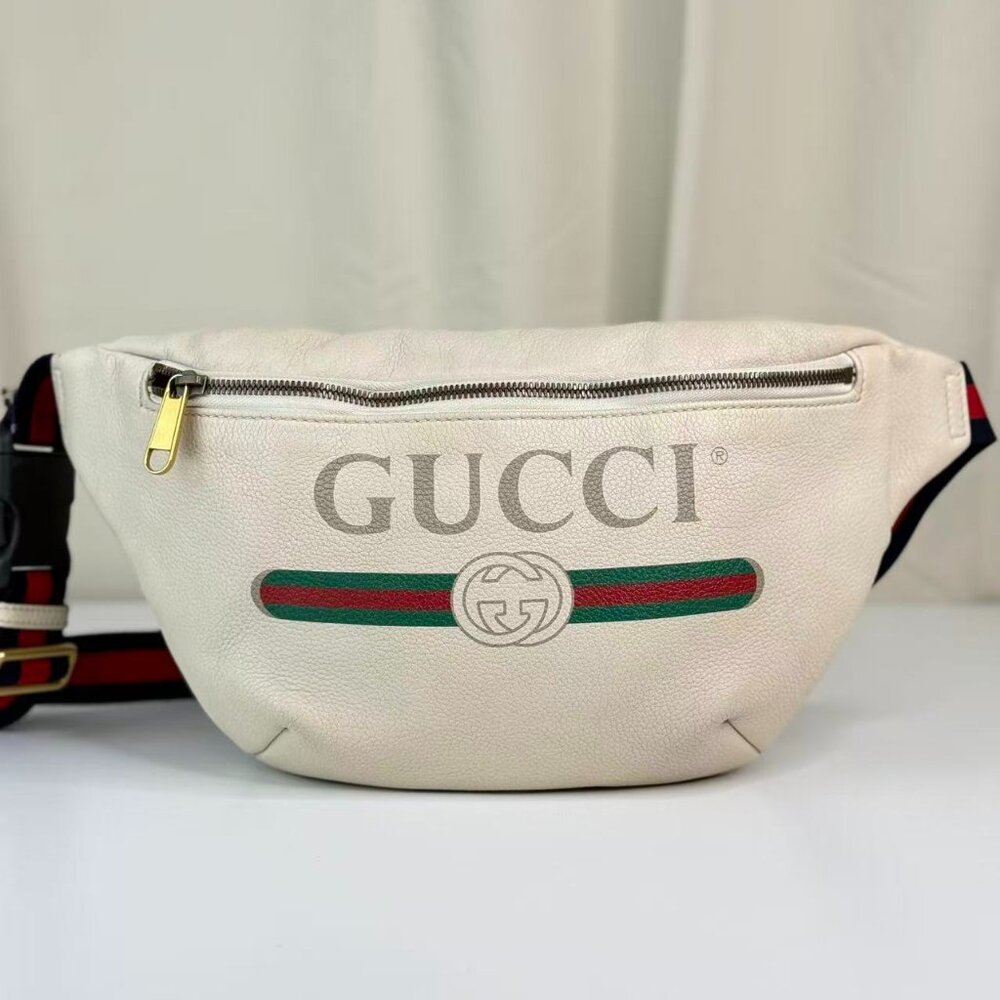 Gucci GG Logo White Large Bum Bag with Green Red Stripes